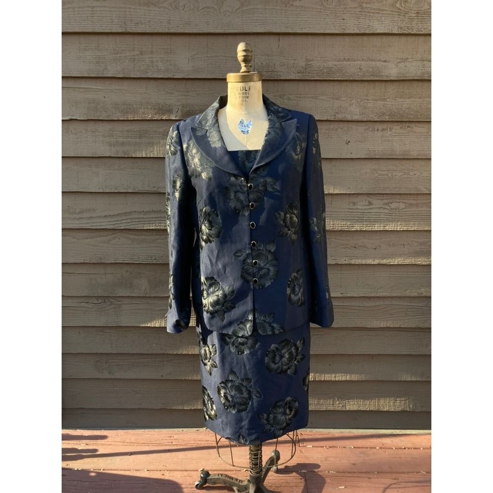 Carlisle Navy Gold Floral Jacquard 3 Piece Set Jacket Camisole Skirt Size 12